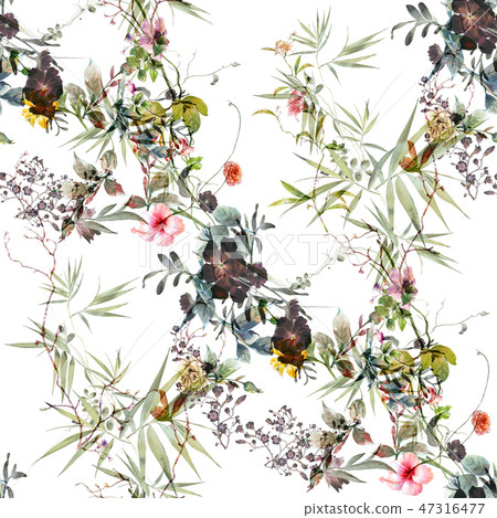 Watercolor painting of leaf and flowers, seamless Watercolor painting of leaf and flowers, seamless 47316477
