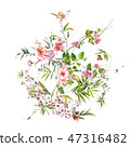 watercolor painting of leaves and flower, on white 47316482