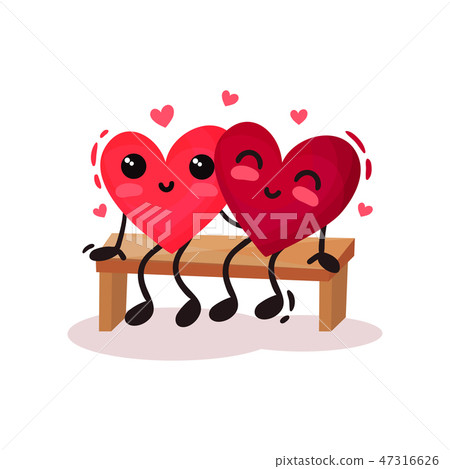 Two humanized hearts sitting on bench and hugging. Adorable couple in love. Flat vector for 47316626