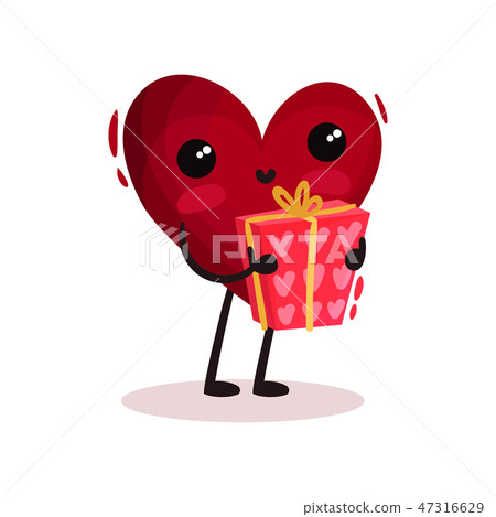 Cute humanized red heart holding holiday present. Funny cartoon character. Flat vector for Cute humanized red heart holding holiday present. Funny cartoon character. Flat vector for 47316629