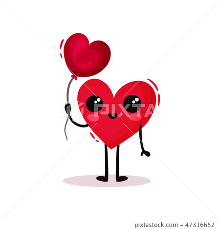 Cute humanized heart holding glossy balloon in shape of heart. Valentines day theme. Flat vector for 47316652