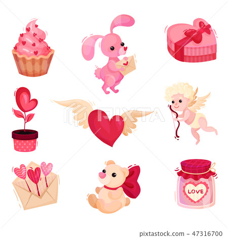Flat vector set of different object related to Valentines day theme. Holiday presents. Elements for Flat vector set of different object related to Valentines day theme. Holiday presents. Elements for 47316700