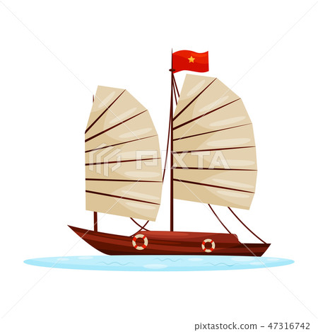 Wooden junk boat with sails and flag of Vietnam. Travel to Asia. Marine vehicle. Old sailing ship 47316742