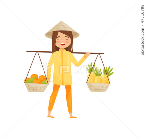Young Vietnamese girl carrying baskets with fruits on pole. Woman in conical hat. Flat vector design 47316798