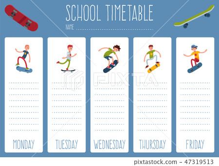 Template school timetable for students or pupils with days of week and free spaces for notes 47319513