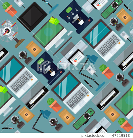 Computer office equipment seamless pattern. Laptop, monitor, tablet pc, smartphone, printer keyboard 47319518