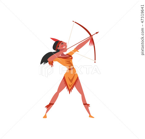 Beautiful native American Indian girl aiming with bow, young woman in traditional ethnic clothes and 47319641