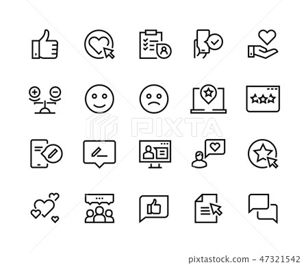 Testimonials line icons. Happy customer feedback client service experience positive review 47321542