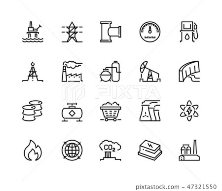 Heavy industry line icons. Oil gas production nuclear electric station fuel refinery barrel. Power 47321550