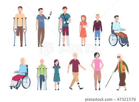Disabled persons. Diverse injured people in wheelchair, elderly, adult and children patients Disabled persons. Diverse injured people in wheelchair, elderly, adult and children patients 47321579