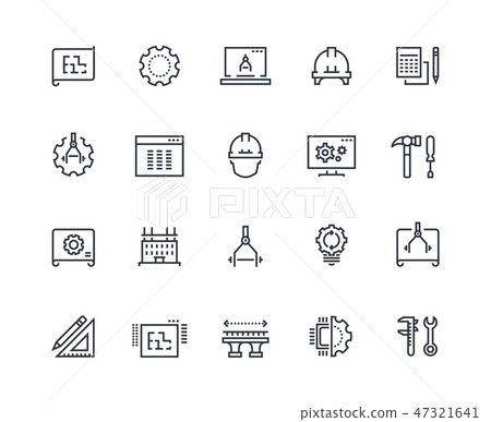 Engineering line icons. Work project, mechanical and electrical engineering. Measuring, development Engineering line icons. Work project, mechanical and electrical engineering. Measuring, development 47321641