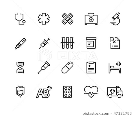 Medical care line icons. Family healthcare, patient treatment, medical insurance, cardiology surgery Medical care line icons. Family healthcare, patient treatment, medical insurance, cardiology surgery 47321793