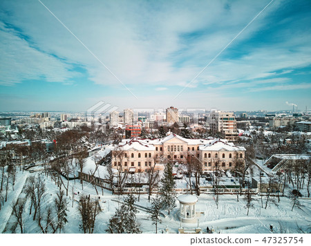 Aerial shot of the city covered in snow Aerial shot of the city covered in snow 47325754