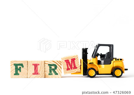 Toy forklift hold letter block m to word firm 47326069