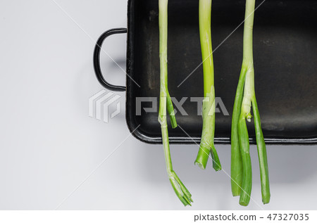 Scallions in center on a black oven dish healthy ingredient raw food concept Scallions in center on a black oven dish healthy ingredient raw food concept 47327035