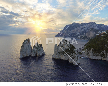 Faraglioni rocks, aerial view in Capri, Italy Faraglioni rocks, aerial view in Capri, Italy 47327383