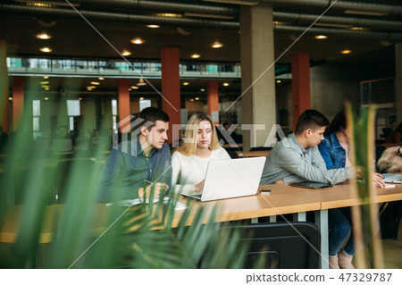 Group of college students studying in the school library, a girl and a boy are using a laptop and 47329787