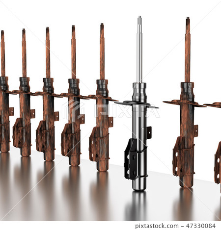 3D rendering. Passenger car Shock Absorber, new and old, rust auto parts, spare parts 47330084