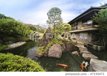 六角形的浮動大廳，反映了巨大的石頭，松樹，石頭，紅色的鳥類血統，以及在Mejiro花園的池內儀式周圍散佈的水。 47330471