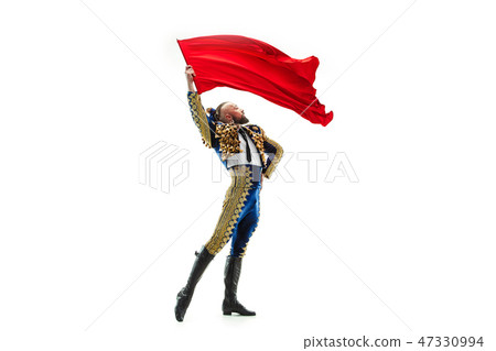 Torero in blue and gold suit or typical spanish bullfighter isolated over white 47330994