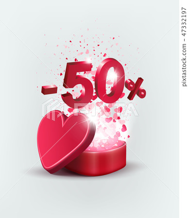 Light composition with a red box with a set of hearts, a figure of fifty percent, Light composition with a red box with a set of hearts, a figure of fifty percent, 47332197
