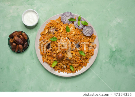 Hyderabadi chicken biryani. The view from the top. 47334335