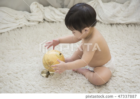 Little two cute babies photo. Baby wearing diaper in white bedroom. 230 47337887