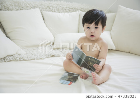 Little two cute babies photo. Baby wearing diaper in white bedroom. 280 47338025