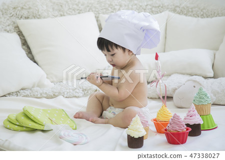 Little two cute babies photo. Baby wearing diaper in white bedroom. 245 47338027