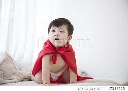 Little two cute babies photo. Baby wearing diaper in white bedroom. 209 47338213
