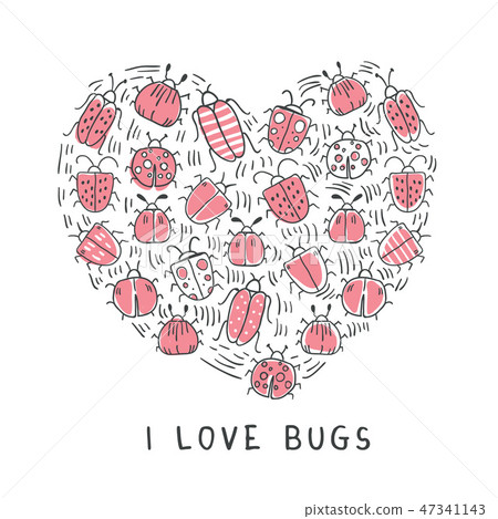 Set of vector doodle insects in form of the heart 47341143