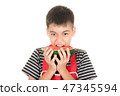 Little boys eat watermelon on white 47345594