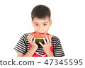 Little boys eat watermelon on white 47345595