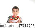 Little boys eat watermelon on white 47345597