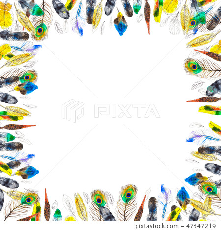 Watercolor frame with colorful feathers on... - Stock Illustration ...