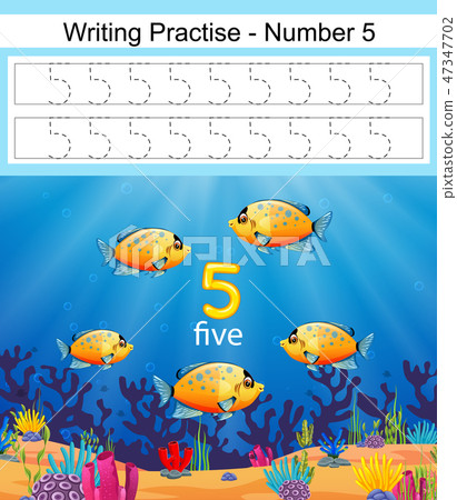 the writing practices number 5 with fish  47347702