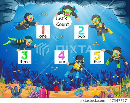 number 1 until 5 with the diver under the ocean 47347717