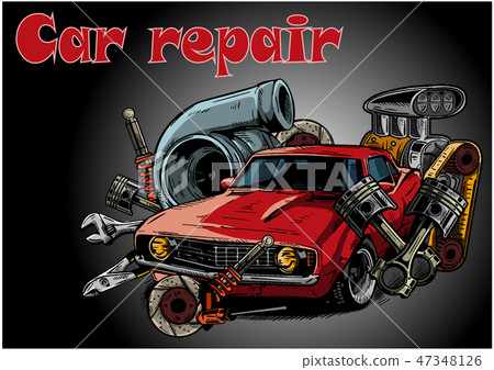 Vintage car components collection witn automobile motor engine piston steering wheel tire headlights 47348126