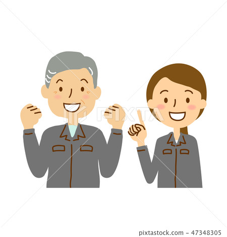 Worker clothes senior man young women gut pose pointing fingers chest upper Worker clothes senior man young women gut pose pointing fingers chest upper 47348305