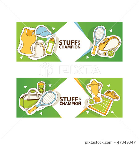 Tennis stuff set of banners vector illustration. Sport, fitness, tennis, healthy lifestyle, sport Tennis stuff set of banners vector illustration. Sport, fitness, tennis, healthy lifestyle, sport 47349347