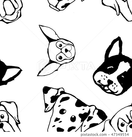Seamless pattern with Dog breeds. Bulldog, Husky, Alaskan Malamute, Retriever, Doberman, Poodle, Pug 47349554