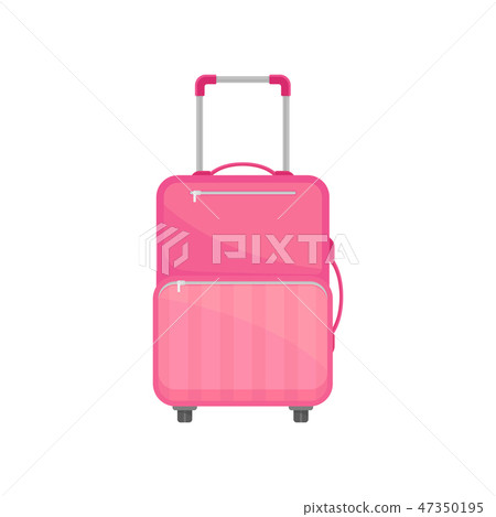 Flat vector icon of bright pink female suitcase on wheels. Cloth travel bag with metal handle and 47350195