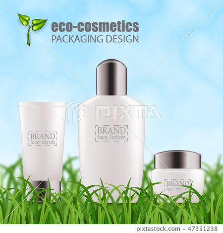 Set of realistic green glass bottles eco cosvetic 47351238