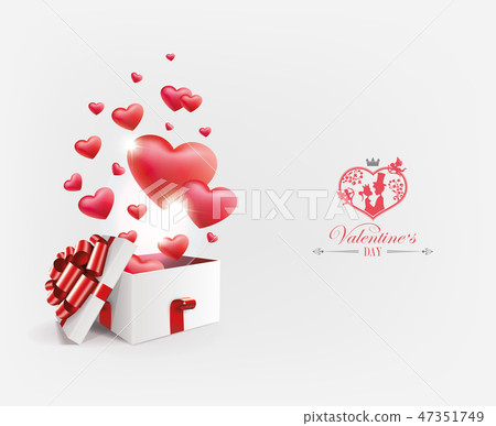Light composition with a white box with a red bow and a set of hearts, 47351749