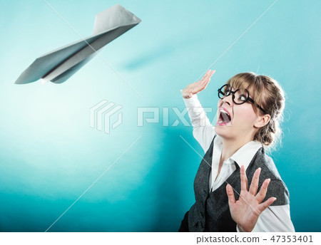 Fly fear. Woman and airplane fall down Fly fear. Woman and airplane fall down 47353401