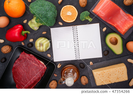 Image of food products for diet, clean notepad on black stone table. 47354266