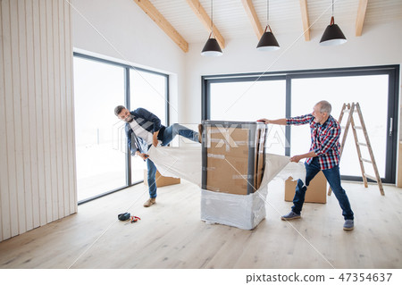 A senior man helping his son with furnishing new house, a new home concept. 47354637