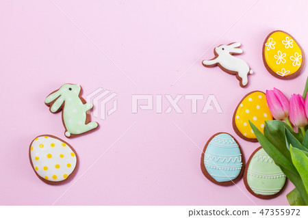 Easter scene with colored eggs Easter scene with colored eggs 47355972