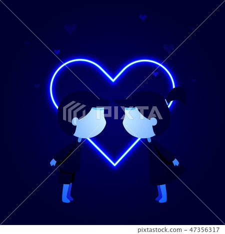Vector girl and boy kissing in front of neon heart 47356317