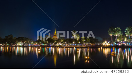 Sukhothai historical park at night with lighting Sukhothai historical park at night with lighting 47359253